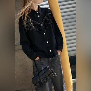 Zara Studded Fringe Western Denim Jacket Black Size S